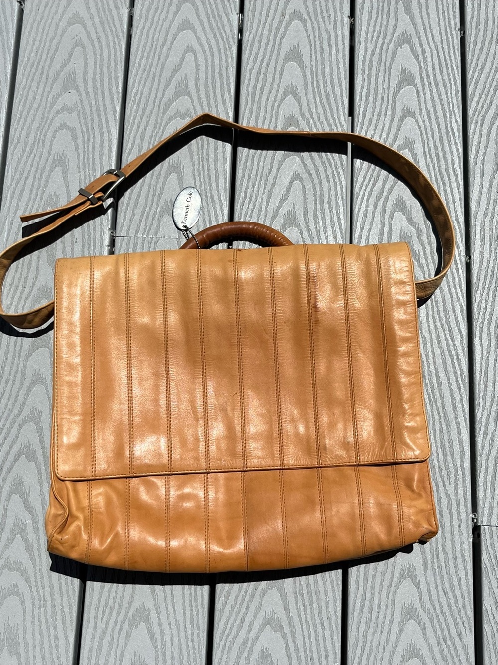 Kenneth Cole Tan Leather Messenger Bag with Adjustable Strap
